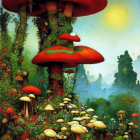 Colorful digital artwork: stylized mushrooms, luminescent caps, orbs in textured landscape