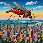 Hyper-realistic giant mosquito over surreal cityscape with vibrant sky.