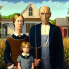 Three-person family with exaggerated caricature features standing in front of a house with farming tools.