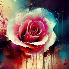 Detailed digital artwork: large pink rose, smaller flowers, golden tendrils on dark background