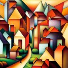 Colorful abstract geometric painting with bold shapes in orange, yellow, red, green, and blue circles