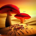 Surreal desert landscape with giant mushrooms and small figures under orange sky