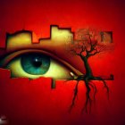 Vibrant eye artwork with scenic landscape in iris