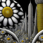 Surrealist painting of intricate cityscape with eye motif & whimsical architecture