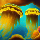 Vibrant digital art: Yellow jellyfish in underwater scene