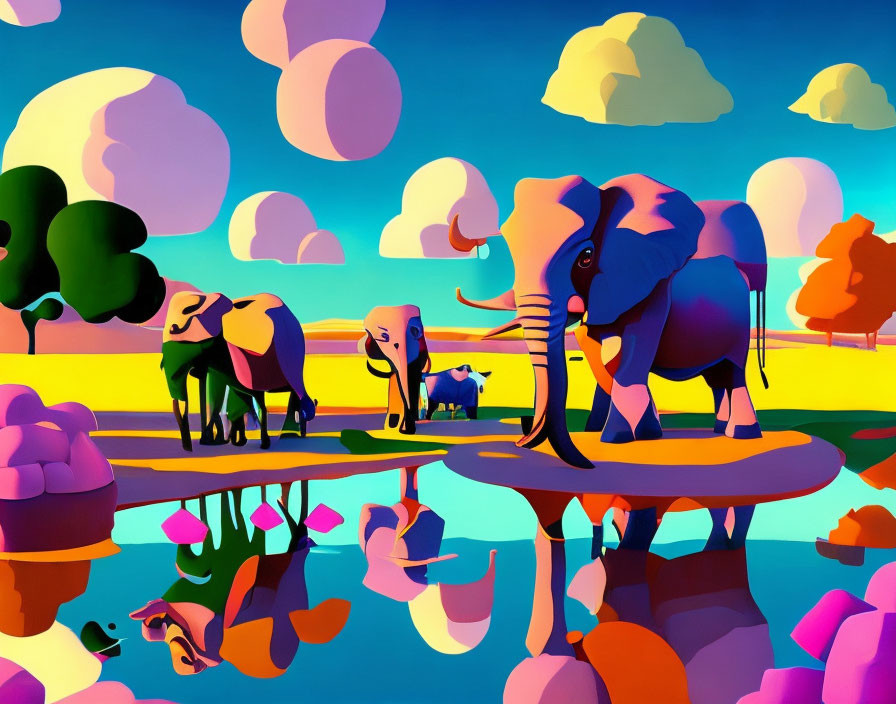 Colorful surreal landscape with floating islands and stylized elephants