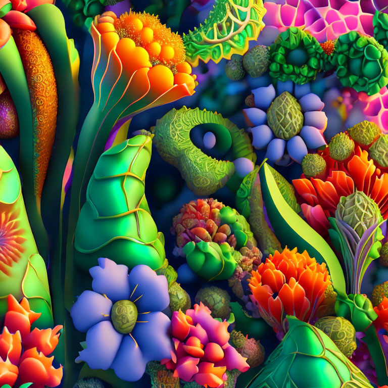 Colorful digital artwork: Fantastical garden with vibrant, stylized plants and coral-like shapes