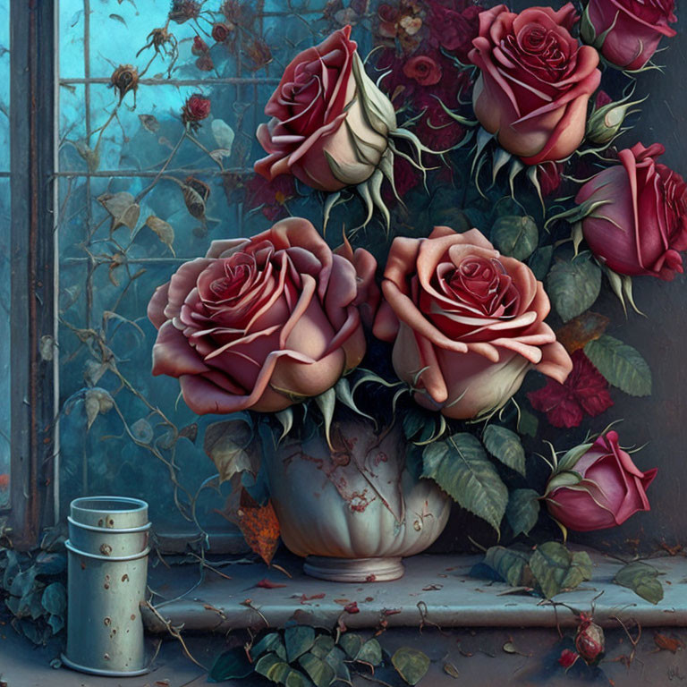 Detailed painting of dark red roses in patterned vase by misty windowpane