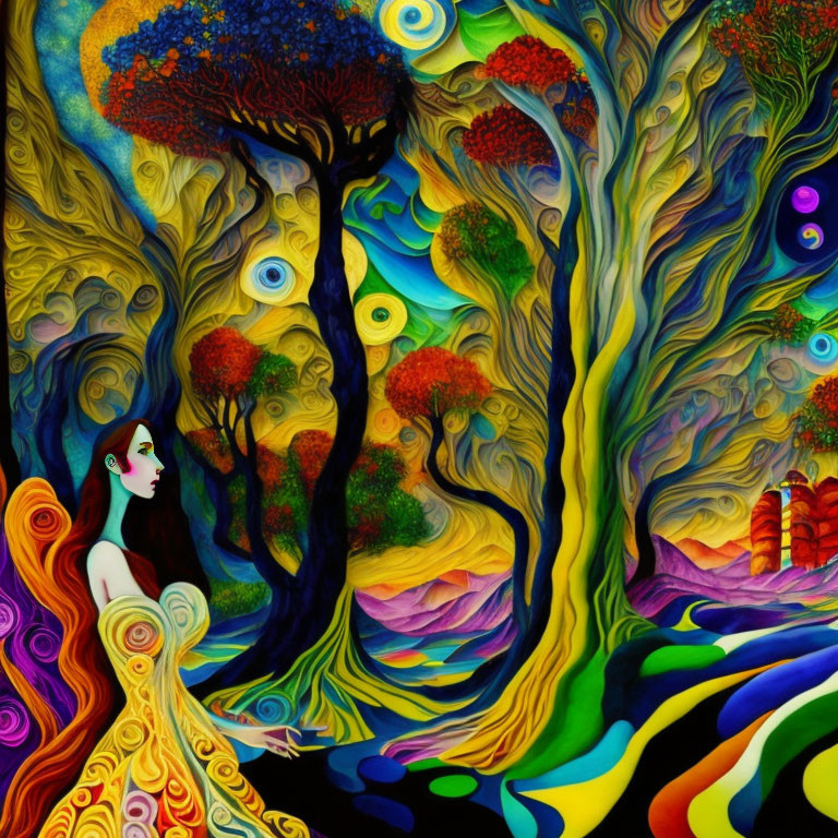 Colorful surreal forest painting with whimsical woman and eye-bearing trees