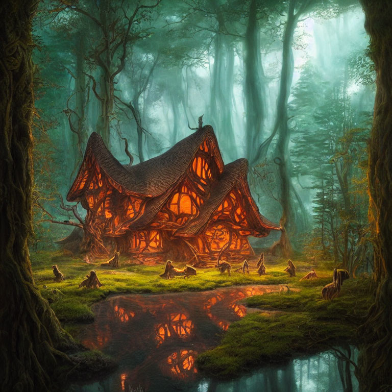 Mystical wooden house in enchanting forest with golden sunlight and serene water.