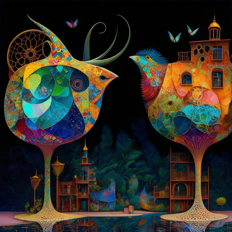 Colorful bird-shaped buildings on tree legs with butterflies and flora