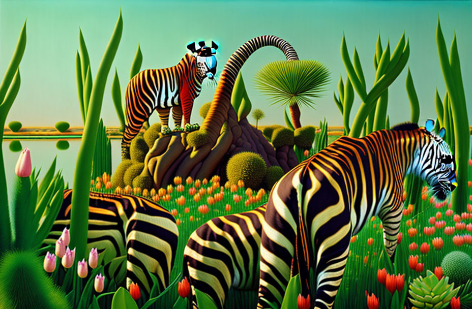 Colorful surrealistic painting: zebras in vibrant floral landscape