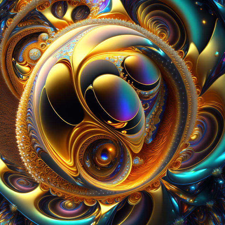 Colorful Fractal Art with Gold, Blue, and Iridescent Swirling Patterns