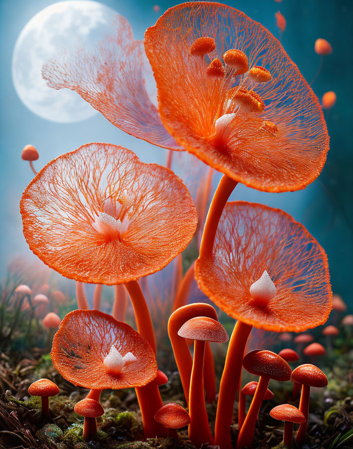 Colorful Orange Mushrooms with Delicate Gills in Moonlit Forest