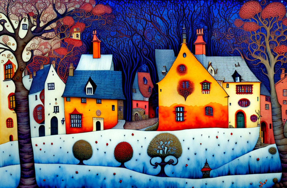 Vibrant village painting with colorful houses and snowy hills