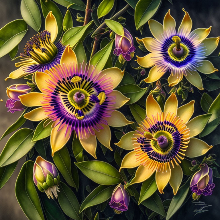 Colorful Passion Flowers on Dark Background with Foliage