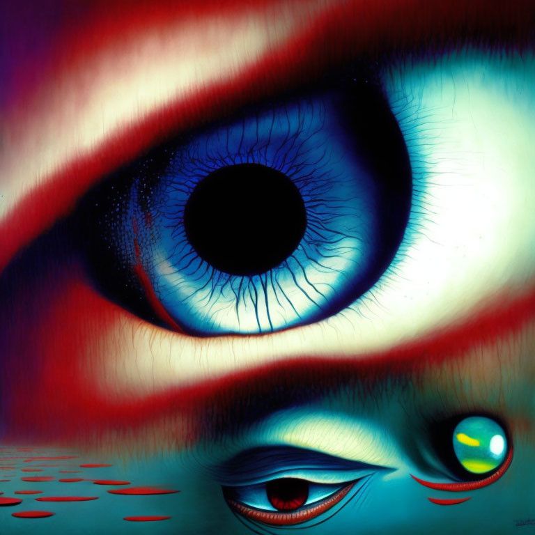 Detailed surreal image of large blue eye with red glare and small eye in tear drop.