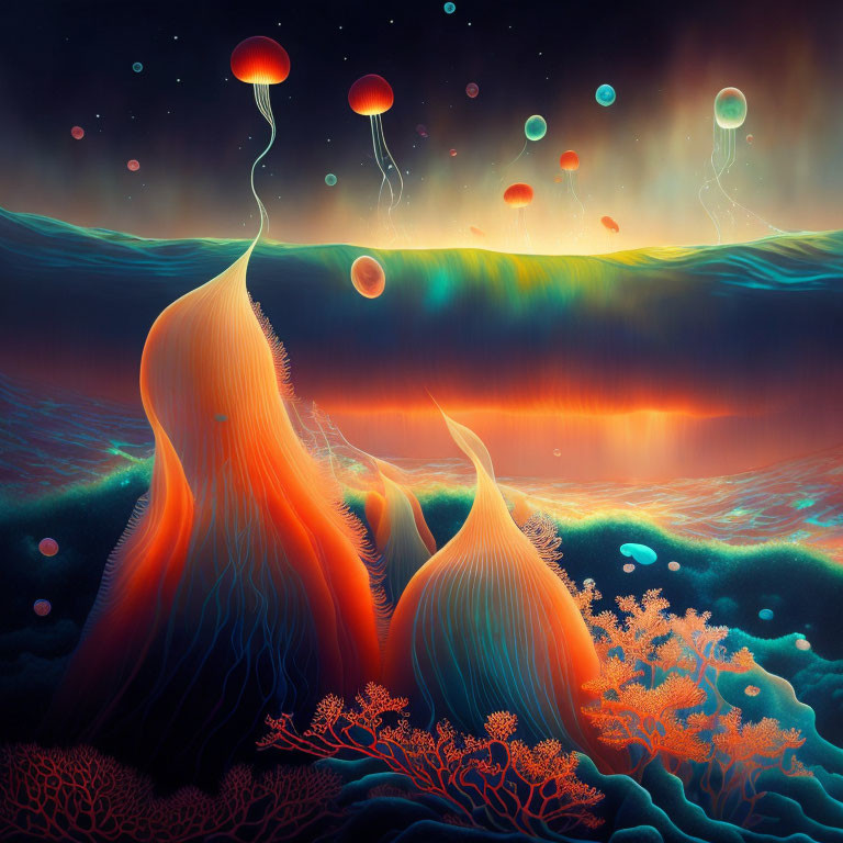 Colorful Underwater Scene: Jellyfish-Like Entities and Coral Landscape at Sunset