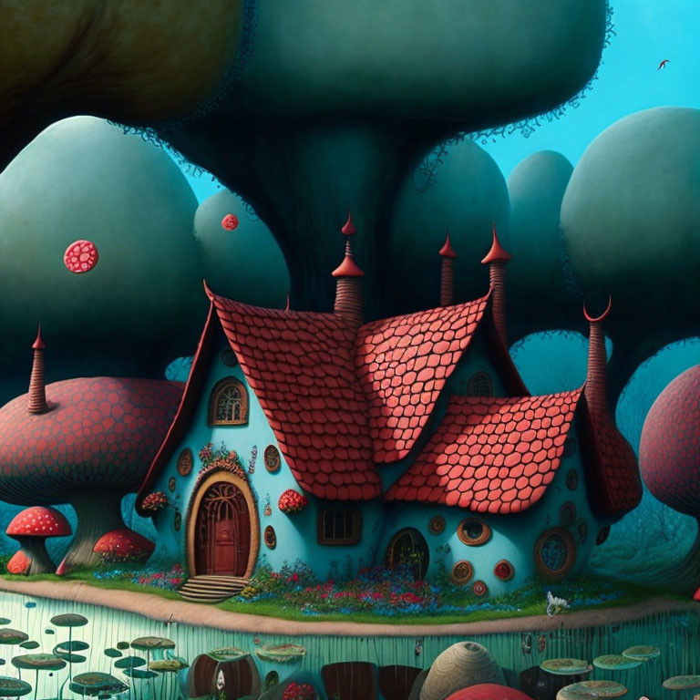 Fantasy cottage with mushroom trees in enchanted forest