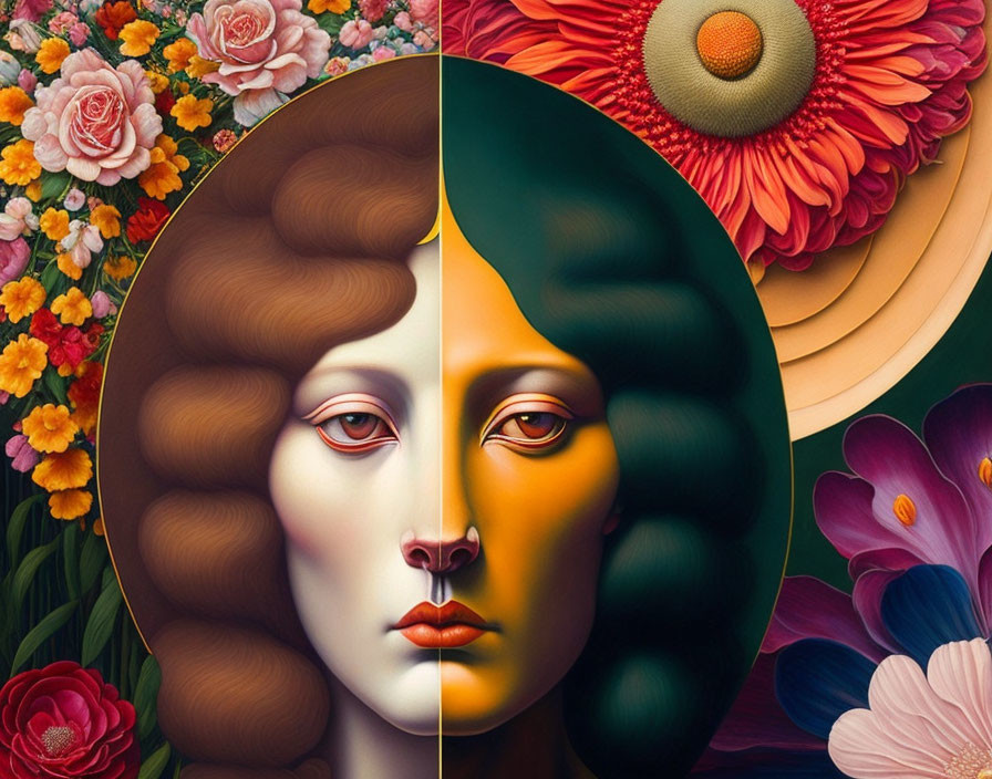 Surreal artwork: Woman's face split in two, floral and solid colors.