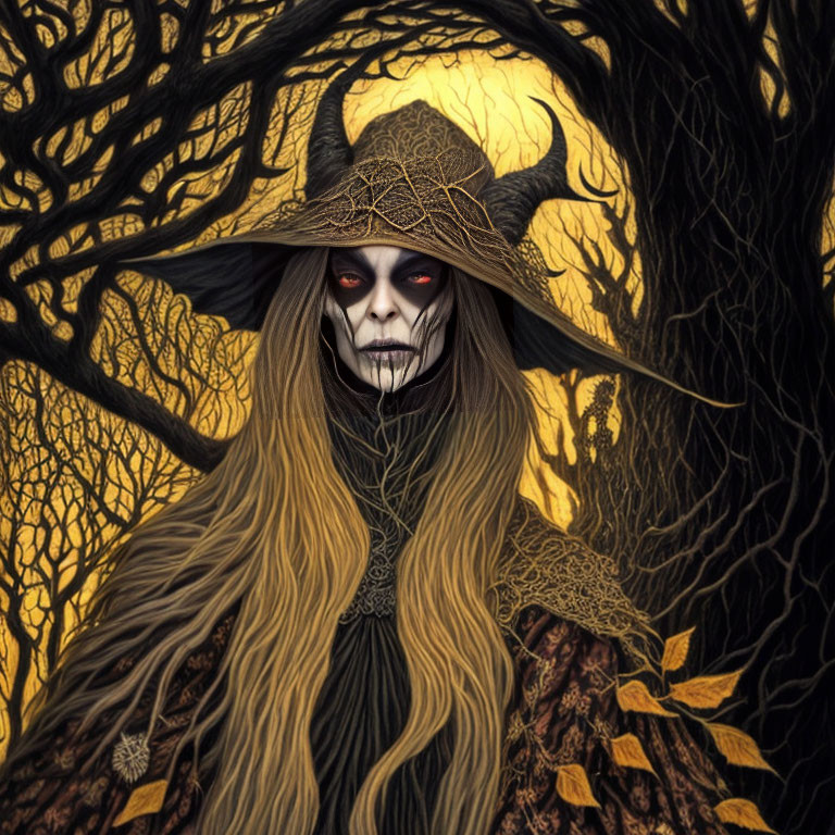 Skeletal-faced figure with red eyes and long beige hair in dark forest setting