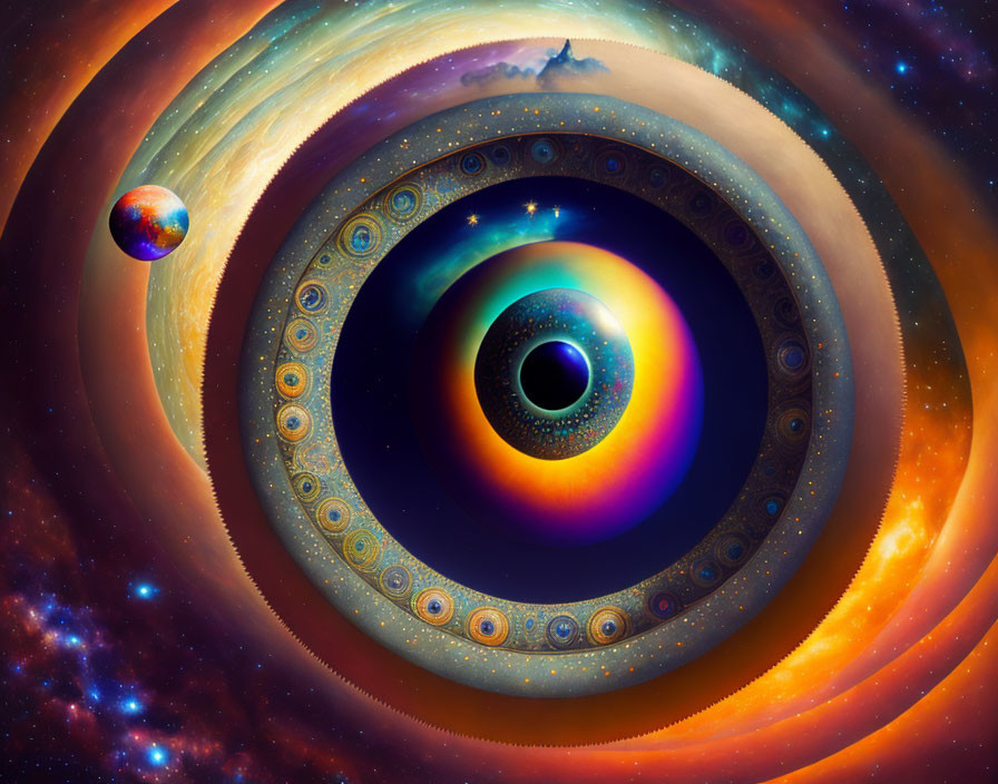 Vibrant surreal artwork: concentric circles with cosmic and planetary motifs