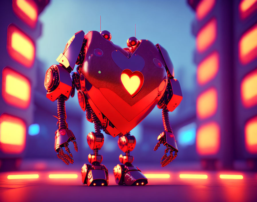 Red Robot with Heart-shaped Torso in Futuristic Setting