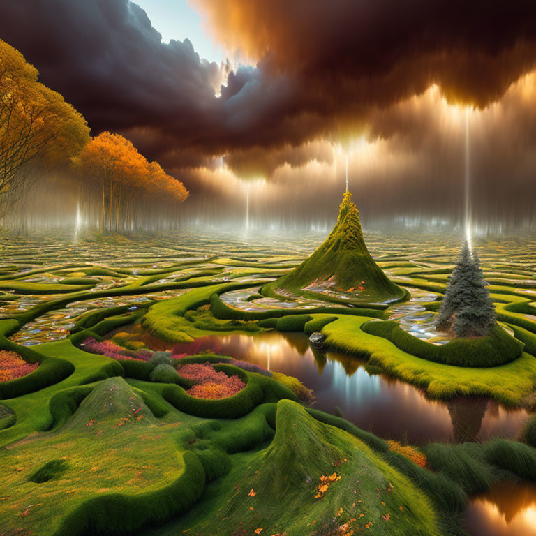 Vibrant green mossy hills, meandering water channels, dramatic sky with sunlight.