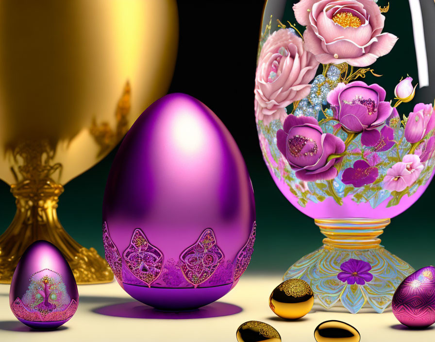 Intricate Still Life with Decorated Eggs and Floral Motifs