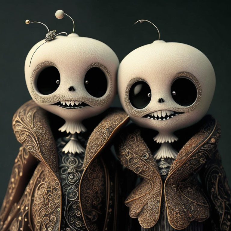 Stylized cartoonish figures in Victorian-style attire with antennae.