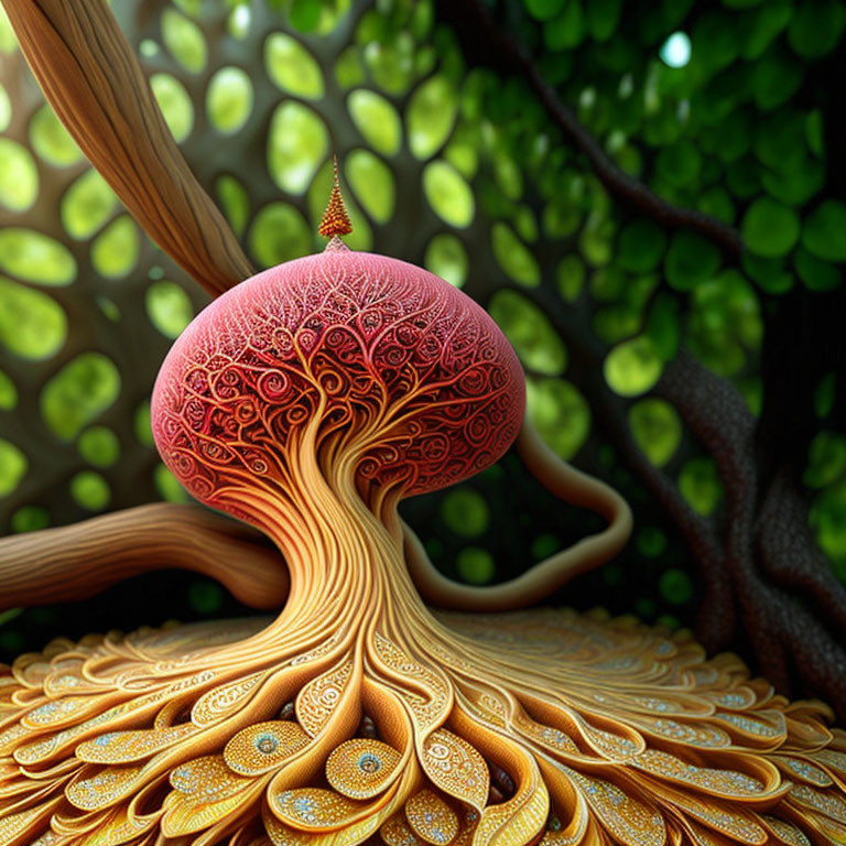 Whimsical tree with neural pathway canopy on swirl-patterned trunk