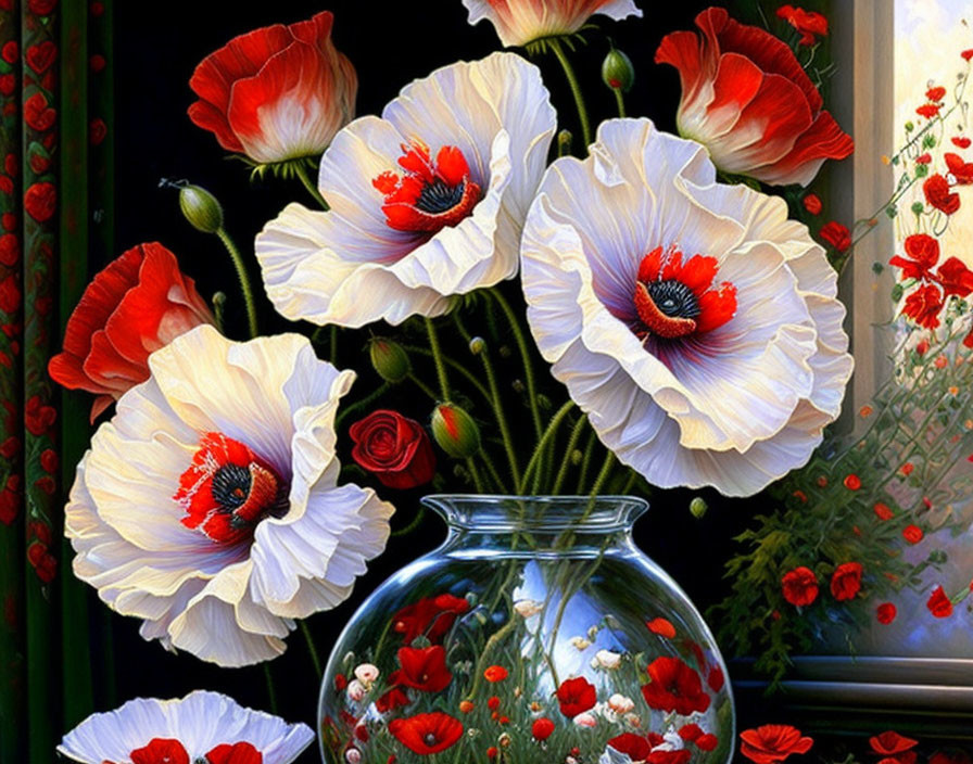 Vibrant white and red poppies in glass vase on dark backdrop