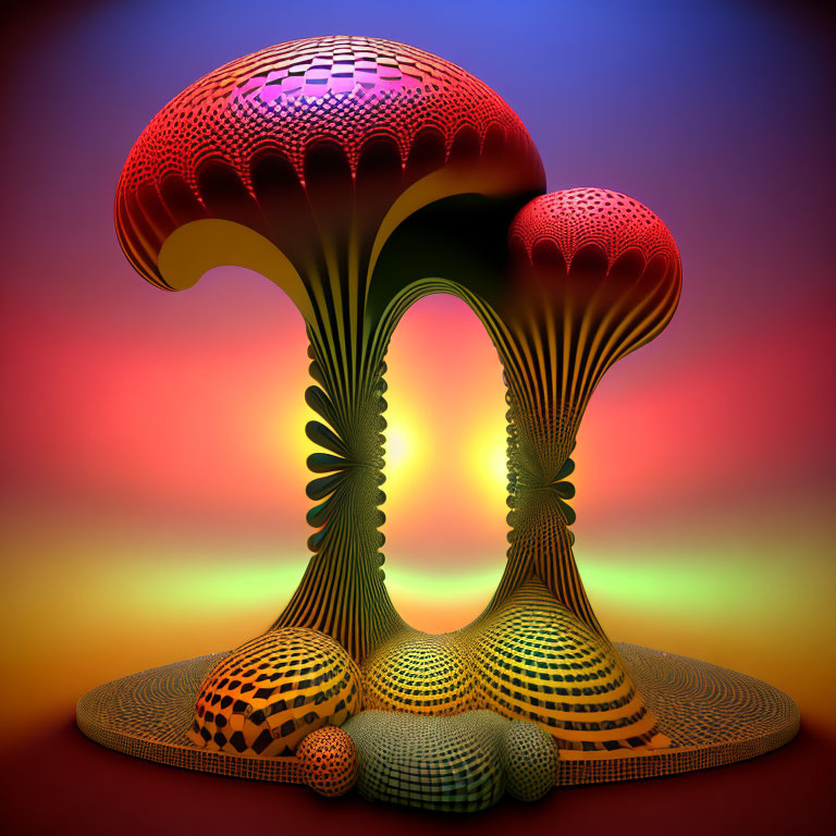 Abstract 3D Render of Interconnected Mushroom-like Shapes on Colorful Gradient Background