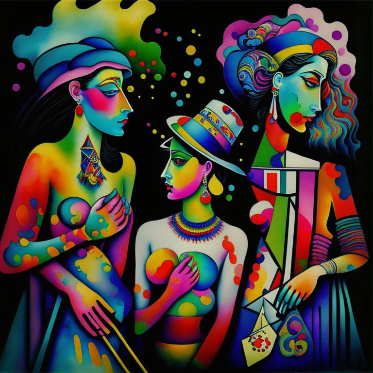 Vibrant painting of three figures in ethnic attire with abstract patterns