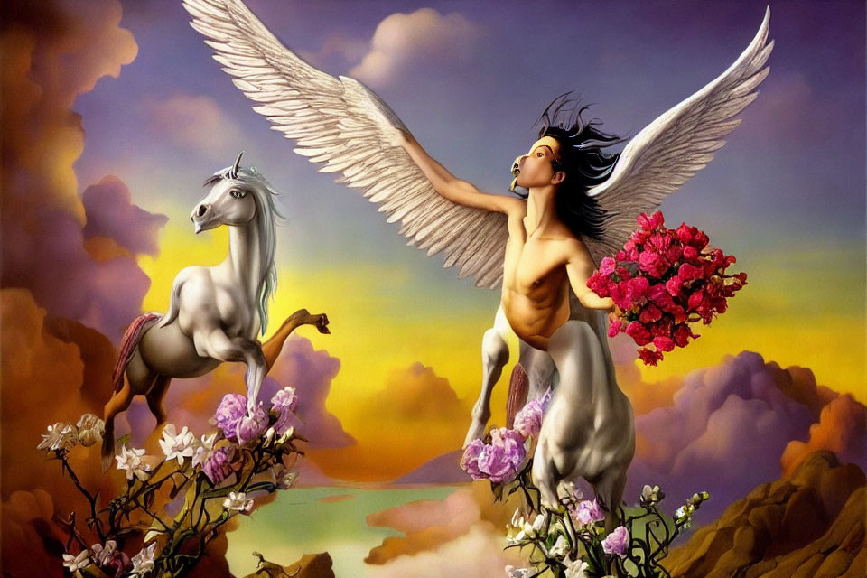 Winged figure and white horse in vibrant sunset scene