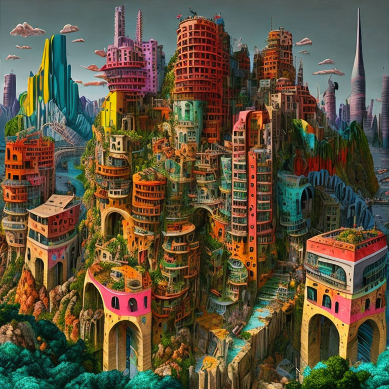 Eclectic architecture in vibrant futuristic cityscape