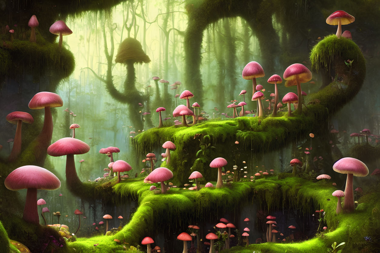 Enchanted forest scene: oversized pink mushrooms, moss-covered terraces, misty atmosphere, green