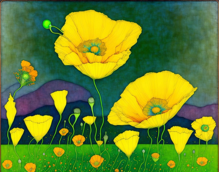 Vibrant yellow poppies in front of purple hills and green sky