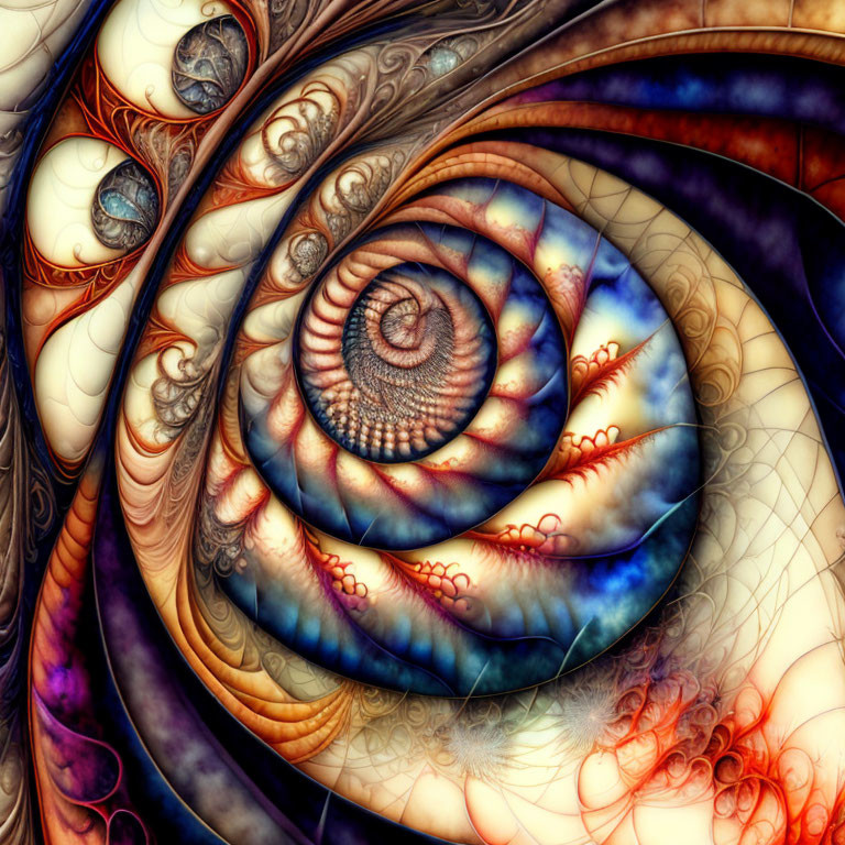 Intricate Spiral Pattern Fractal Art with Warm and Cool Tones