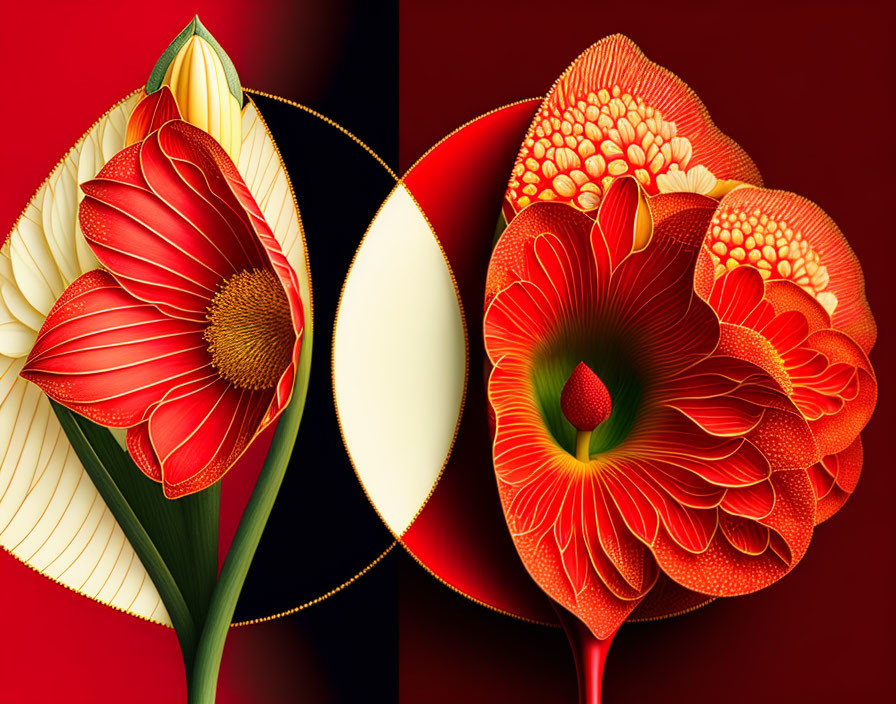 Vividly illustrated red and yellow flowers on contrasting background