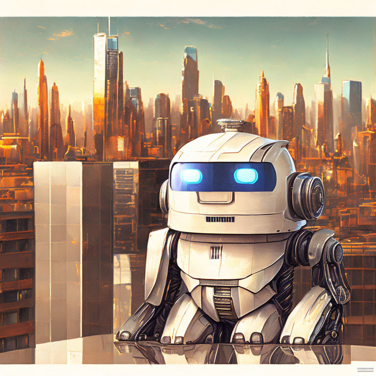 Futuristic robot with blue glowing eyes in front of sunlit cityscape