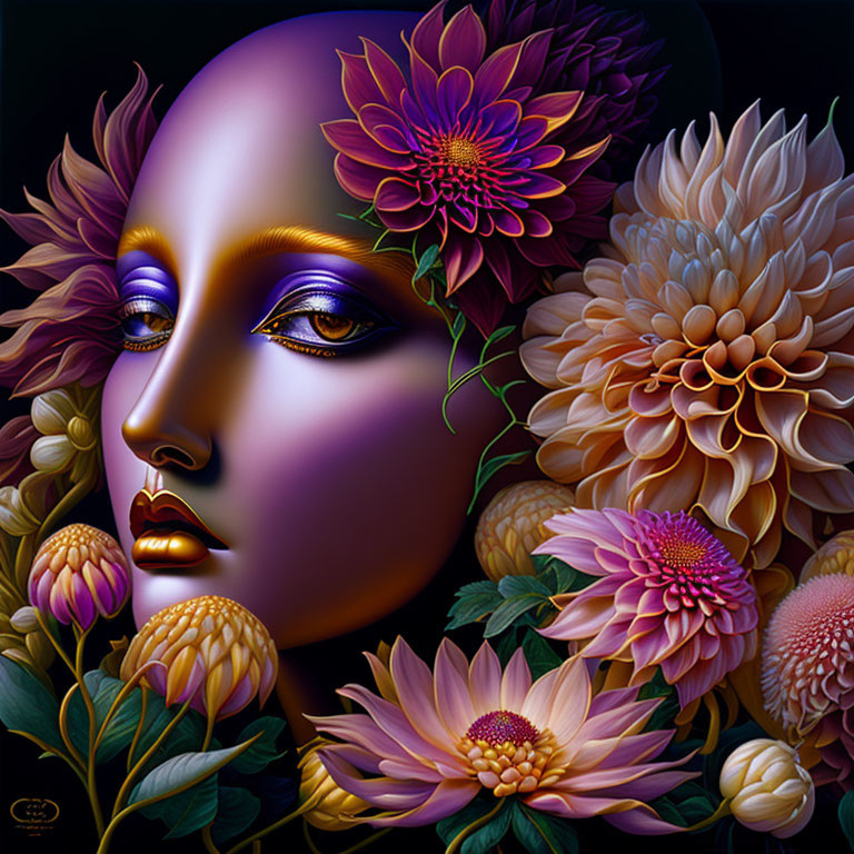 Surreal purple-skinned woman's face with vibrant oversized flowers