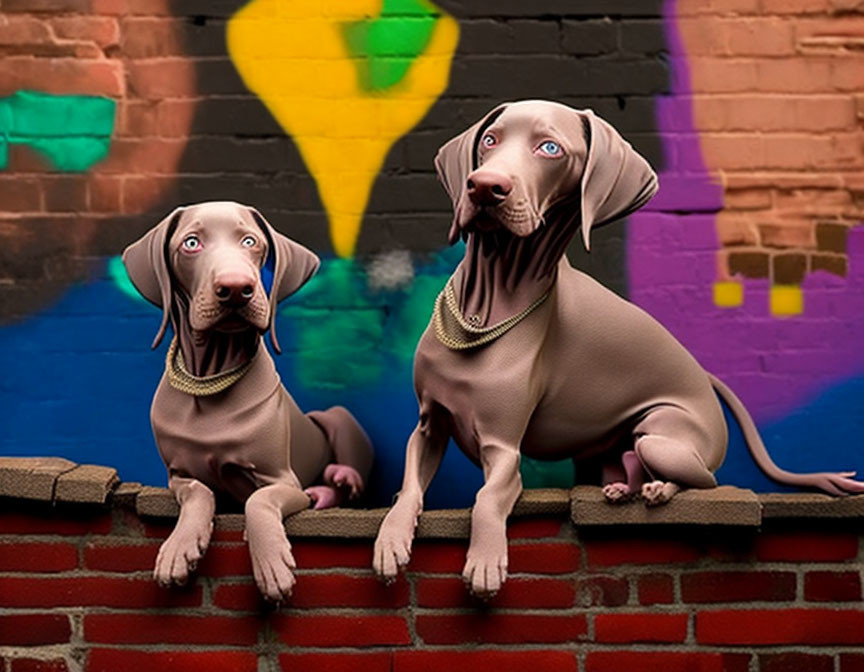 Two Weimaraner puppies with blue eyes and chain collars in front of colorful graffiti wall