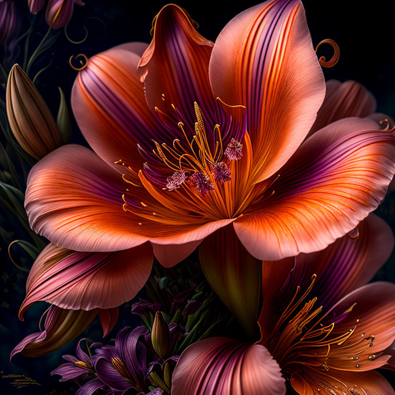 Vibrant orange lilies with curly petals on dark background