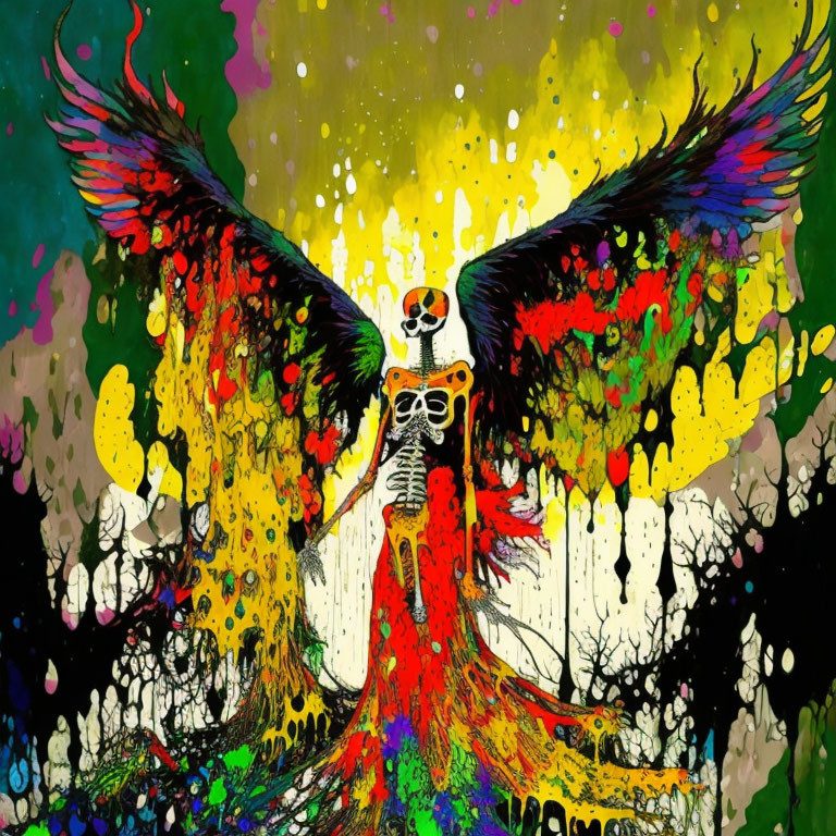 Colorful painting of figure with angelic wings evoking powerful energy.