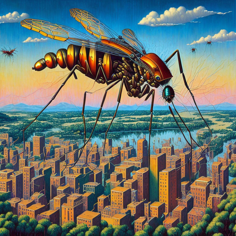 Hyper-realistic giant mosquito over surreal cityscape with vibrant sky.