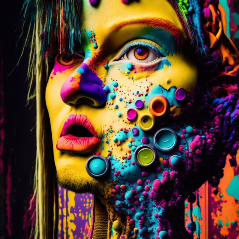 Colorful portrait with bubble-like textures and intense gaze