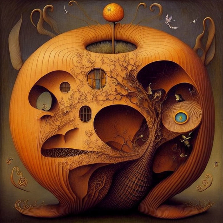 Surreal artwork: stylized tree in pumpkin with eyes and whimsical elements