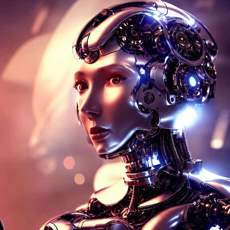 Detailed futuristic female android with intricate mechanical features and thoughtful expression.