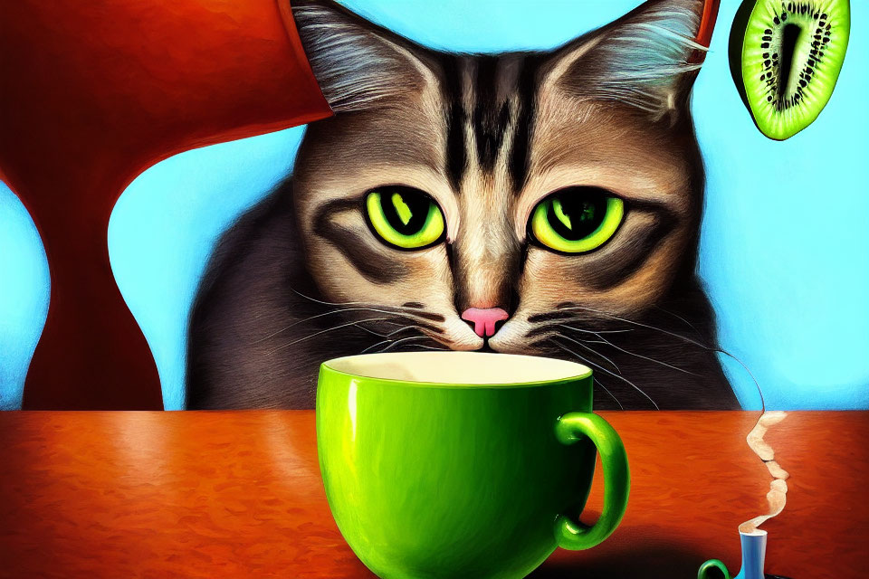 Green-eyed cat looking over cup on table with orange chair and kiwi slice in background.